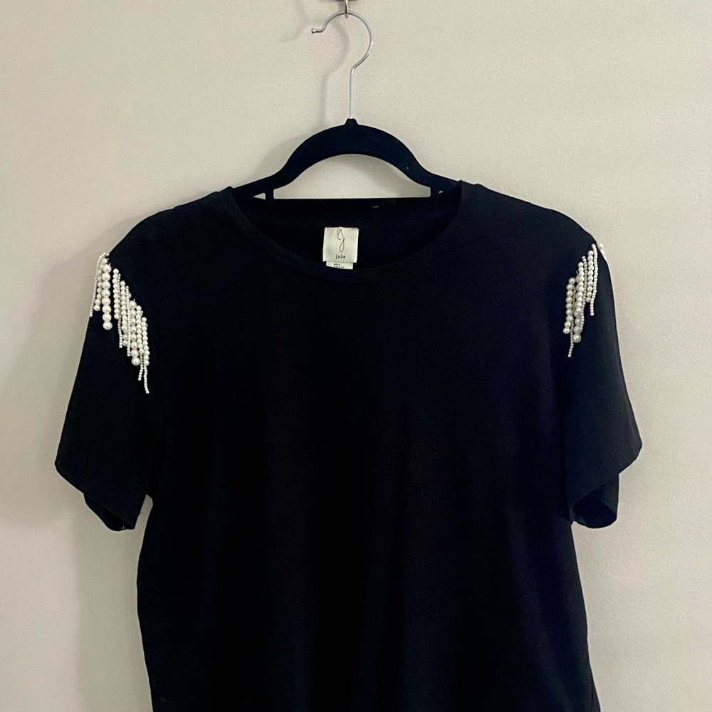 Joie Black Short Sleeve Tee with Pearl Shoulder Embellishment
